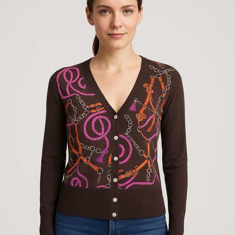 Talbots Vintage Equestrian Print Tassel Chain & Rope Silk Cardigan Lg Brown Pink